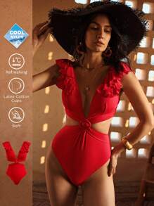 MOTF PREMIUM RUFFLE CUT OUT ONE-PIECE SWIMSUIT FOR SUMMER BEACH VACATION - Red - View 3