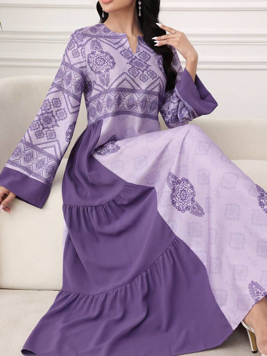 Al Najma Abito lungo a maniche lunghe con stampa patchwork, minimalista e alla moda, adatto per l'estate