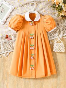 SHEIN Young Girl' Vacation Gingham Colorblock Ruffle Trim Puffed Sleeve Ruched Smocked Dress With 3D Cherry Decor, Spring/Summer - Coral Orange - View 1