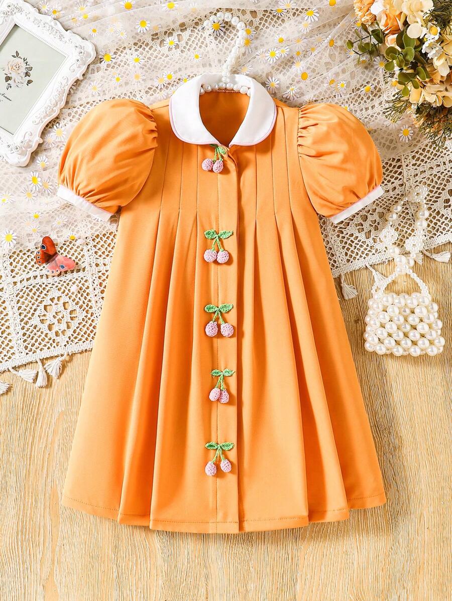 SHEIN Young Girl' Vacation Gingham Colorblock Ruffle Trim Puffed Sleeve Ruched Smocked Dress With 3D Cherry Decor, Spring/Summer - Coral Orange - View 1