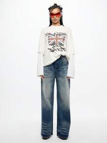SUMWON WOMEN Pantalones vaqueros holgados de pierna ancha, lavado vintage, de cintura alta, de ajuste relajado, estilo Y2K, ropa de calle, pantalones vaqueros casuales de moda de otoño e invierno