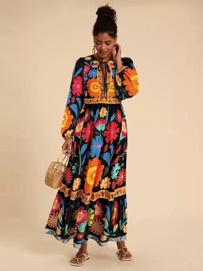 Travachic Vacation Floral Print Tie Up Long Sleeve Dress,Fall Clothes,Elegant Women Dresses,Mexican Women Dresses, Christmas Party, New Year, Wedding Guest Outfits,Elegant Graduation,Luxury Prom Dress,Casual Outfits