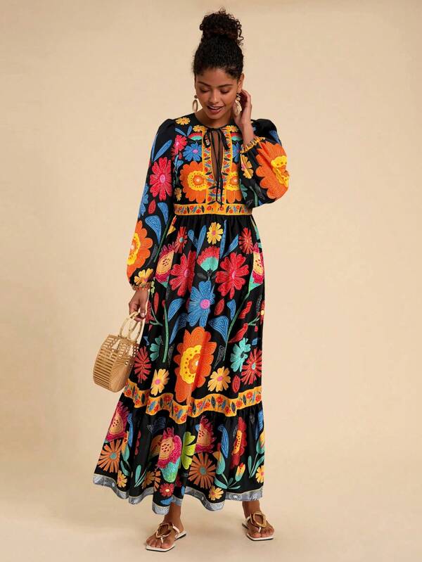 Travachic Vacation Floral Print Tie Up Long Sleeve Dress,Fall Clothes,Elegant Women Dresses,Mexican Women Dresses, Christmas Party, New Year, Wedding Guest Outfits,Elegant Graduation,Luxury Prom Dress,Casual Outfits