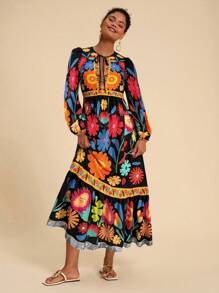 Travachic Vacation Floral Print Tie Up Long Sleeve Dress,Fall Clothes,Elegant Women Dresses,Fall Women Dresses,Mexican Women Dresses