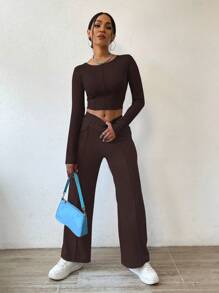 Zolique Solid Color Round Neck Slim Fit Long Sleeve Top And Straight Leg Pants - Coffee Brown - View 4