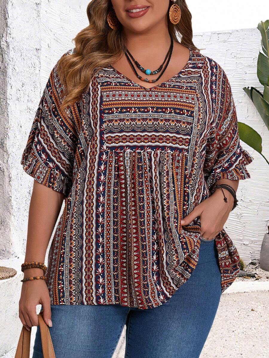 EMERY ROSE 1 pièce Chemise à col en V et manches courtes grande taille, minimaliste et pour l'été, les vacances, les concerts, Pâques, les concerts country, les tenues western, le style boho chic, l'été pour les femmes, tunique - Multicolore - Voir 1