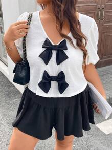 SHEIN LUNE Plus Size Women 2 Pieces Set: Bow Decor Blouse And Black Pants, Perfect For Valentine's Day, Love/Lover Spring Break Boho Rave Outfits Festival Spring Break Outfits Old Money Style Women Rave Outfits Brunch Outfits For Women Fairycore - Black and White - View 8