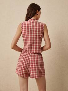 Poéselle Women 2 Pieces Set Sleeveless Vest And Mini Skirt, Casual Stylish Outfit For Summer, Cute Outfits For Women,New Chinese Style Top With Shorts Suit,Red And White Checkered Fabric Suit - Red - View 2