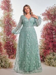 Serin Đầm dự tiệc sang trọng cho mẹ có tay áo đèn lồng thêu hoa hồng cỡ lớn và trang trí đá quý - Màu xanh Bạc hà - Xem 3