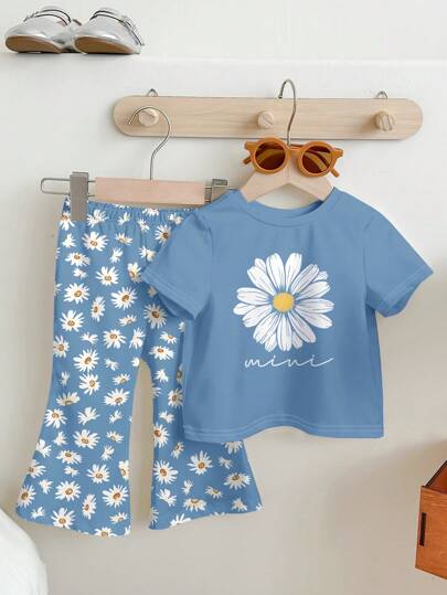 SHEIN Happikins Baby Girl Casual Simple Short Sleeve Round Neck Long Pants 2 Pieces Set, Suitable For Spring/Summer