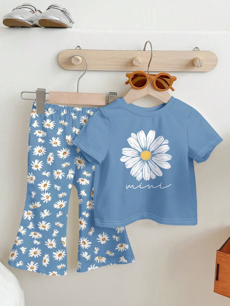SHEIN Bộ quần dài cổ tròn tay ngắn đơn giản cho bé gái 2 món, phù hợp cho mùa xuân/hè - trắng - Xem 1