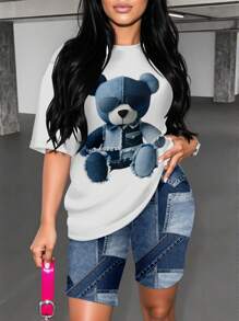 Slaydiva Set de 2 piezas para mujer de talla grande con camiseta de manga corta con estampado de oso de dibujos animados y pantalones cortos estampados, conjunto casual de verano