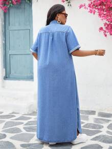 SHEIN CURVE+ 大码休闲前扣牛仔连衣裙 - 中等水洗藍 - 查看 2
