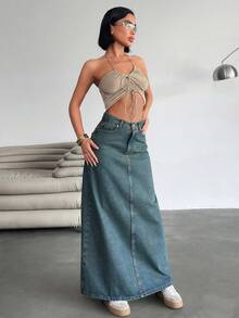 EURMUSE Women's Long Casual Versatile Denim Skirt With Pockets - Light Wash - View 7