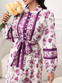 SHEIN Lacomfia Vestido midi con estampado de estación primavera/verano, cuello de camisa, de una sola hilera de botones, y cintura con cinturón