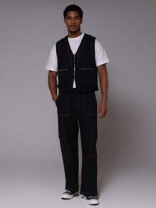 Musero Pantalones rectos de utilidad con pespunte de contraste para hombres - Negro - Ver 1