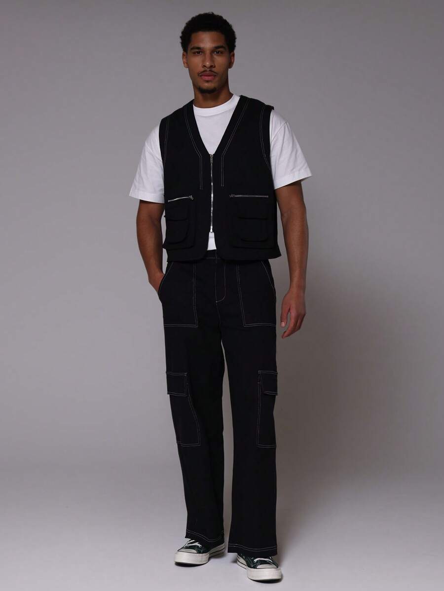 Musero Pantalones rectos de utilidad con pespunte de contraste para hombres - Negro - Ver 1