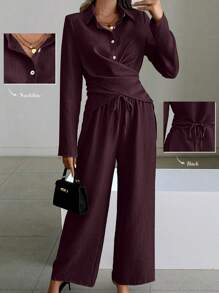 SHEIN Clasi Women 2pcs Set Front Button Long Sleeve Blouse And Pants, Minimalist Style Fall Cloth For Women - Maroon - View 6
