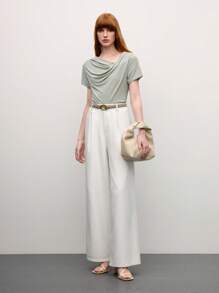 BizChic Women's Solid Color Asymmetric Neckline Simple Fashion T-Shirt, Suitable For Summer - Grey - View 3