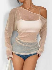 SHEIN EZwear 女士不对称领口褶皱网眼透视 T 恤，杏色 - 杏色 - 查看 6