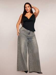 SHEIN BAE Plus Size Women Black Cross V-Neck Ruched Asymmetric Hem Cami Top, Suitable For Everyday, Outing, Date, Afternoon Tea, Vacation, Spring/Summer,Spring/Summer Vacation Floral Print White Camisole Top With Tie Straps,Mother's Day,4th Of July,Summer Outfits For Women,Music Festival - Black - View 6