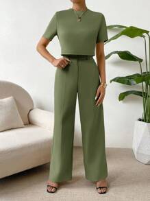 SHEIN Essnce Bộ 2 áo crop top màu trơn và quần dài cho nữ - xanh quân đội - Xem 3