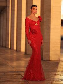Glamrae Elegant Red Sequined Fabric Handmade Three-Dimensional Flower Chest Hollow Long Sleeve Fishtail Dress,Ladies Formal Dinner Evening Party Wedding Gown - Red - View 7