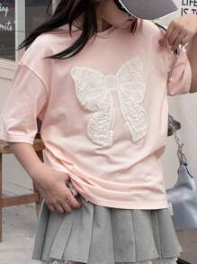 DAZY Tween Girl Round Neck Knit Short Sleeve Butterfly Print T-Shirt, Spring/Summer, Back To School Clothes - Pink - View 6