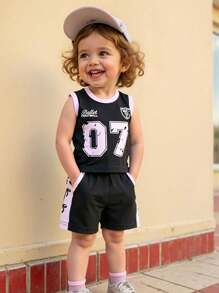 Toddler Girls 2pcs Casual Set, Letter Print Tank Top And Shorts - Black - View 8