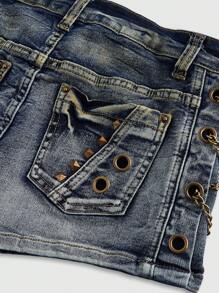 ROMWE Grunge Punk Spring/Summer Plus Size Gal Style Vintage Distressed Side Metal Cross Pendant Low Rise Mini Low Waist Denim Shorts - Blue - View 5