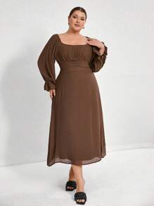 Aveloria Modichic Plus Size Deep Brown Mulberry Silk Bamboo Texture Round Neck Cinched Waist Ruffle Cuff Long Sleeve Dress - Coffee Brown - View 6