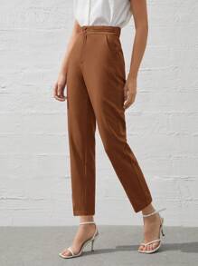 BizChic 女士棕色腰带条纹斜口袋亚麻纽扣休闲裤，浪漫优雅日常时尚百搭商务休闲装，复古风格女士西装，办公室穿着 - 棕色 - 查看 1