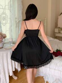 Women's Sexy Deep V-Neck Lace Patchwork Slip Nightgown - Black - View 3