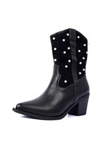 Styleloop Bottes mi-mollet à talon épais avec décoration de perles de couleur noire unie de haute qualité à bout pointu pour femmes