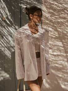 MUSERA Oversized Striped Linen Faux Pocket Detail Blazer Only Spring Summer Cute Vacation Elegant Business Casual Graduation Prom Wedding Guest Birthday Old Money Work - Multicolor - View 2