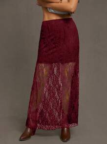 Siren Gaze 女士性感黑色野花蕾丝拼布轻盈透气长款夏季裙子 - 酒紅色 - 查看 3