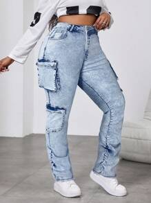 SHEIN EZwear Jeans cargo slim casual évasé bleu grande taille