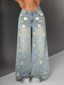 Jeanoix Jeans anchos y desgastados de mujer, estilo casual - Azul - Ver 4