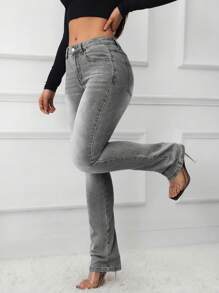 SHEIN Tall Women's Skinny Low-Waist Stretchy Flared Denim Jeans, Blue - Grey - View 3