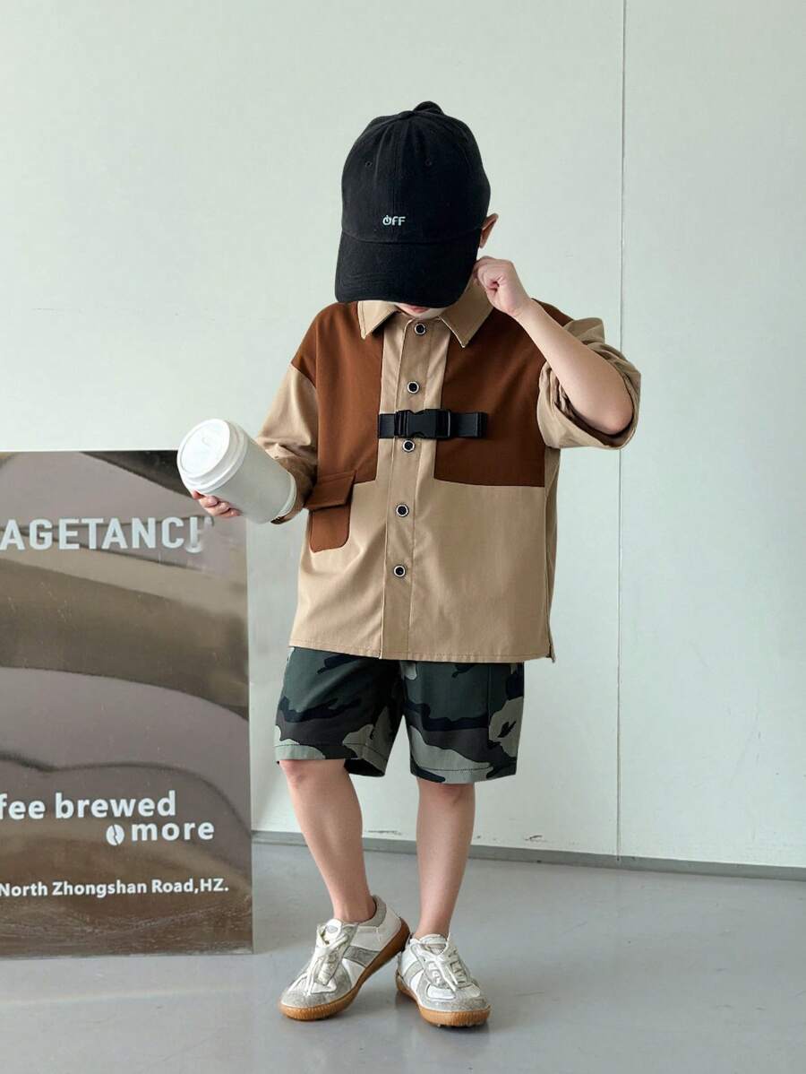 SHEIN 2 Packs Young Boys Casual Street Fashion Colorblock Shirt And Camouflage Shorts Set Suitable For School Suitable For Travel Suitable For Sports Suitable For Spring And Summer Seasons