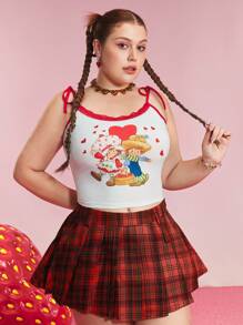 Strawberry Shortcake X SHEIN Plus Size Color Block Trim Cartoon & Heart Print Cami Top - White - View 3