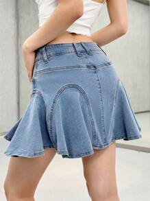 SHEIN EZwear 女士休闲牛仔迷你裙，夏季时尚 - 中等水洗藍 - 查看 2