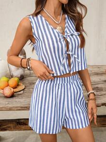 SHEIN VCAY 2pcs/Set Women Striped Woven Crop Top & High Waist Shorts Set, Vacation, Casual Summer Vacation Outfits Woman, Western Clothes For Women, Boho Chic, Country Concert Outfit, Country Concert Outfit, Holiday Festival Outfits, Beach Outfits For Woman, Summer Sets