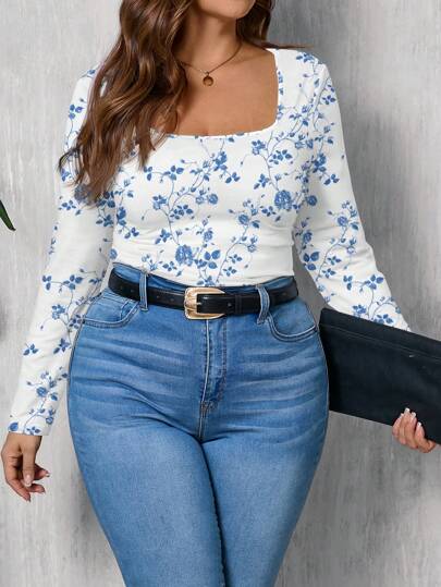 SHEIN LUNE Rose Floral Print Loose Fit Crew Neck T-Shirt, Plus Size, Suitable For Spring & Autumn