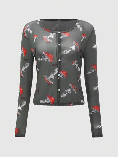 Blusa da donna vintage in rete trasparente con stampa di funghi, stile sexy
