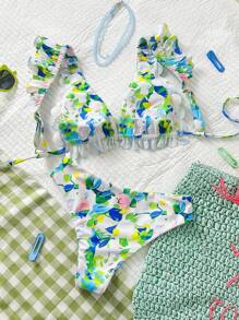 Swim Mod Women's Floral Print Ruffle Trim Cute Retro Bikini Set, For Summer Beach Vacation - Multicolor - View 2