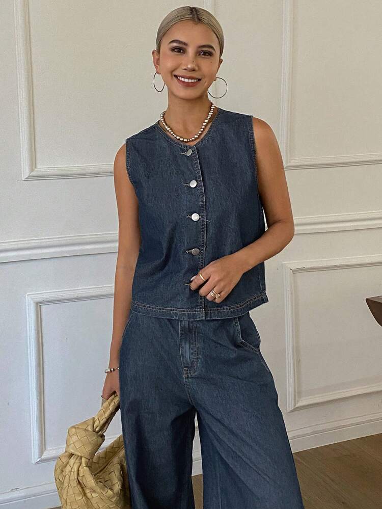 Women's Summer Sleeveless Open Front Denim Vest And Denim Pants 2 Pieces Casual Outfit