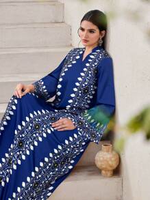 Al Najma Women's Turkish Style & Arabic Traditional Long Robe Kaftan Jalabiya Dress - Blue - View 4