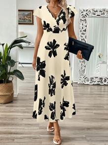 SHEIN Clasi Women's V-Neck Long Branch & Leaf Print Waist Flare Dress, Summer