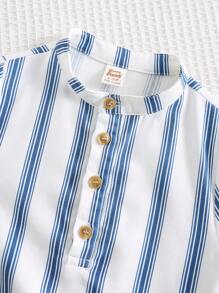 Cozy Pixies 2pcs Baby Boy Set: Colorful Striped Collar Short Sleeve Shirt & Solid Color Elastic Waist Shorts